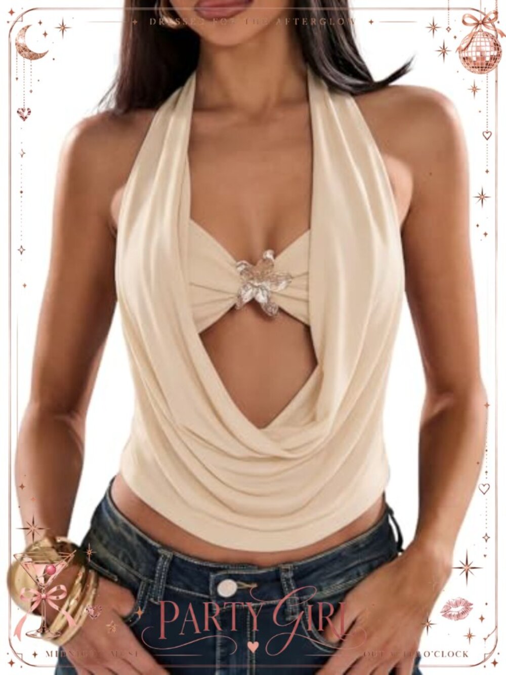 Sequin Halter Crop Top Backless Draped Neck Party Clubwear Y2K Rave